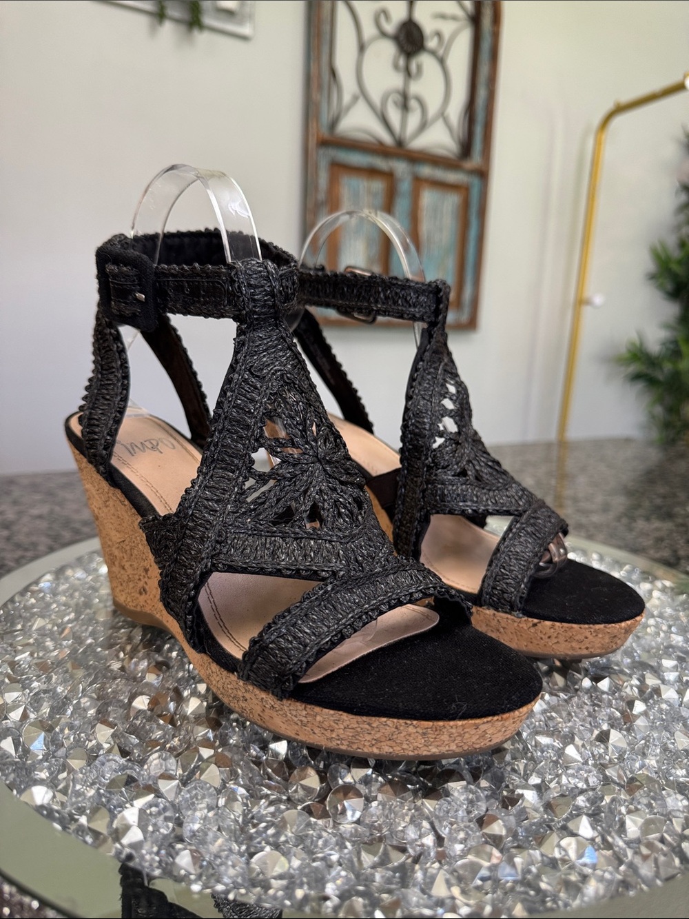Impo Black weaved Wedge Sandals with Cork Platform EUC 7.5